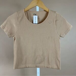 NEW PacCares PacSun Medium Ribbed Camel Tan Crop Tee Top Minimalist Neutral